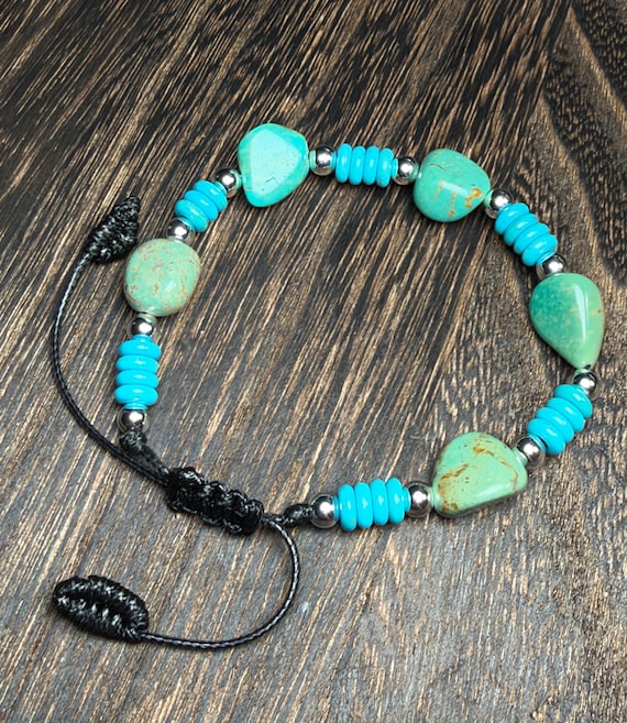 Rustic Kingman Nuggets & Arizona Turquoise Rondelle Beads with Sterling Silver Beads -  Adjustable Bracelet