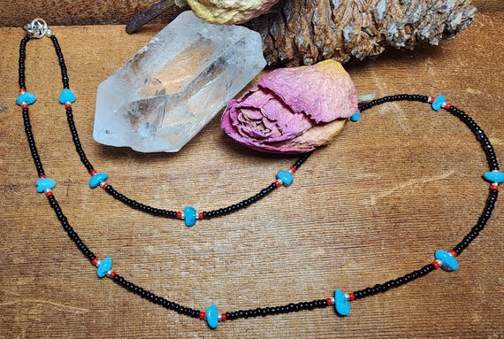 Kingman Turquoise Nuggets - Black and Red Czech Beads - Necklace