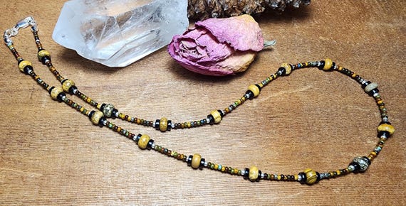 Rustic Woods Picasso Czech Seed Bead, Onyx and Picture Jasper - Necklace
