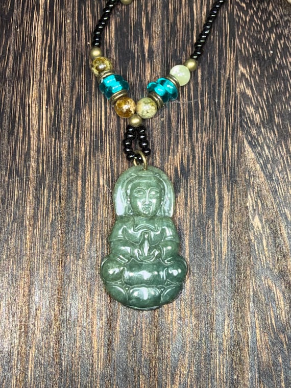 Jade Guan Yin and Green Garnet Beaded Necklace