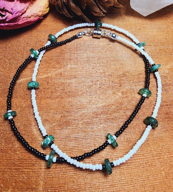 Emerald Heishi Beads & Jet Black, Shimmery Snow White Czech Beads - Necklace