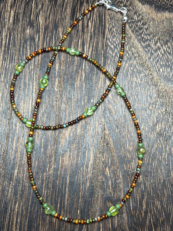 Tiny Peridot Beads with Rustic Picasso Czech Seed Bead - Necklace