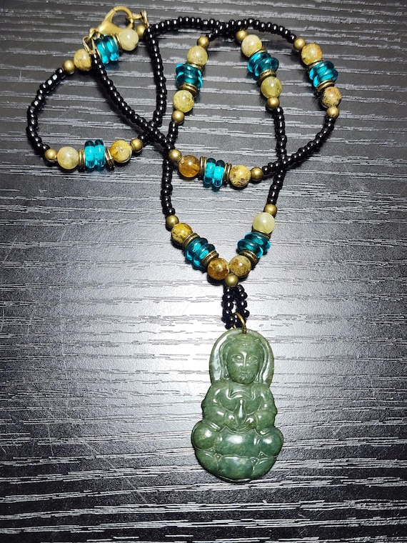 Jade Guan Yin and Green Garnet Beaded Necklace