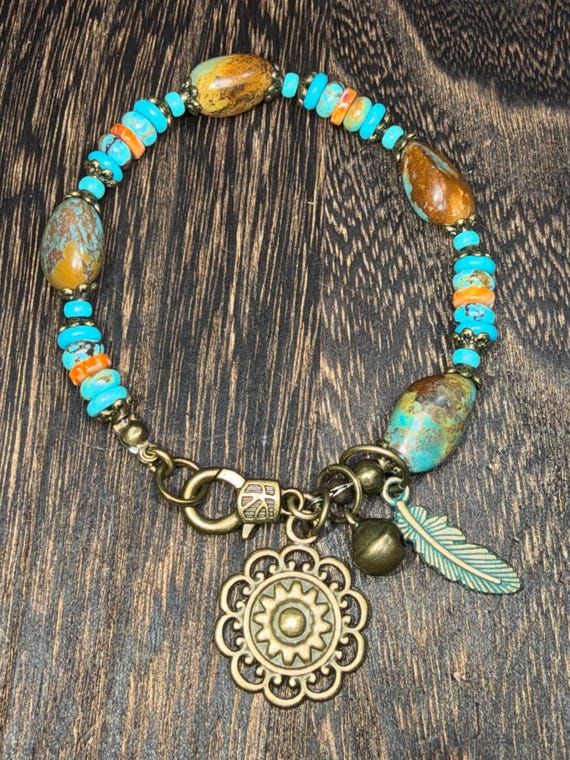 Kingman Turquoise & Orange Spiny Shell Bead Bracelet, Antique Bronze Charms