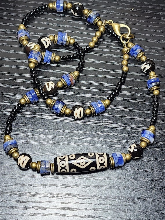 DZI Agate, Lapis Lazuli Heishi Beads, God of Wealth Beads - Beaded Necklace.