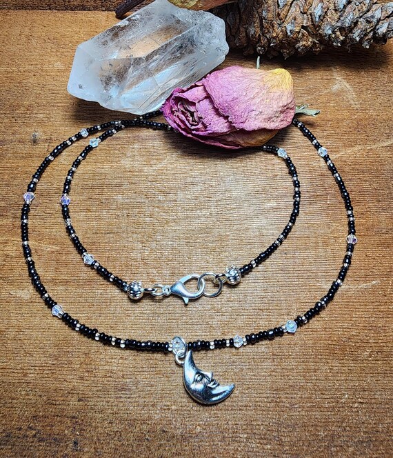 Moon Face Charm - Midnight Sparkle Beaded Necklace