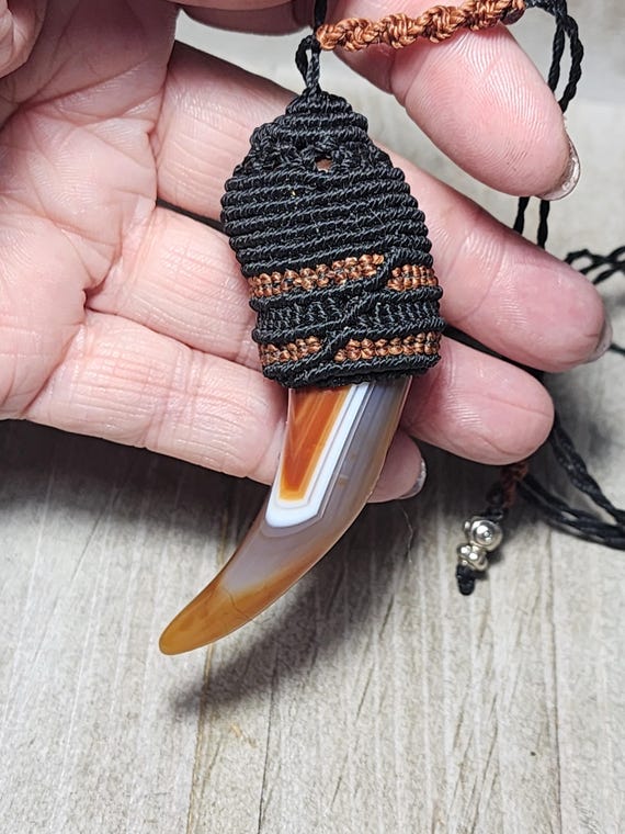 Orange Sardonyx Agate Claw - Macrame Adjustable Necklace.