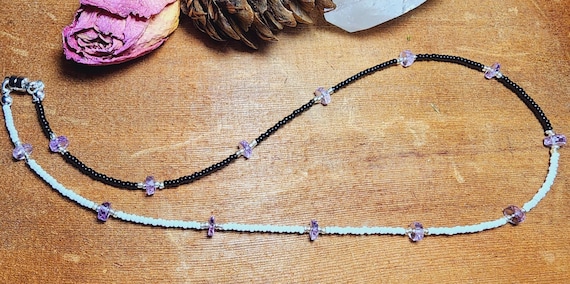 Amethyst Heishi Beads, Jet & Shimmery Snow White Czech Seed Bead -  Necklace.