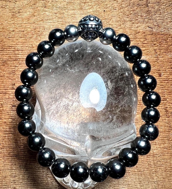 Hematite Beaded Bracelet with Stainless Steel Accent – Calming Energy Stone.