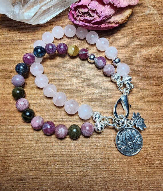 Rose Quartz and Multi Color Tourmaline Charm Bracelet