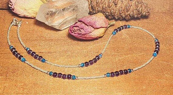 Amethyst, Apatite and Silver Czech Seed Beads - Necklace