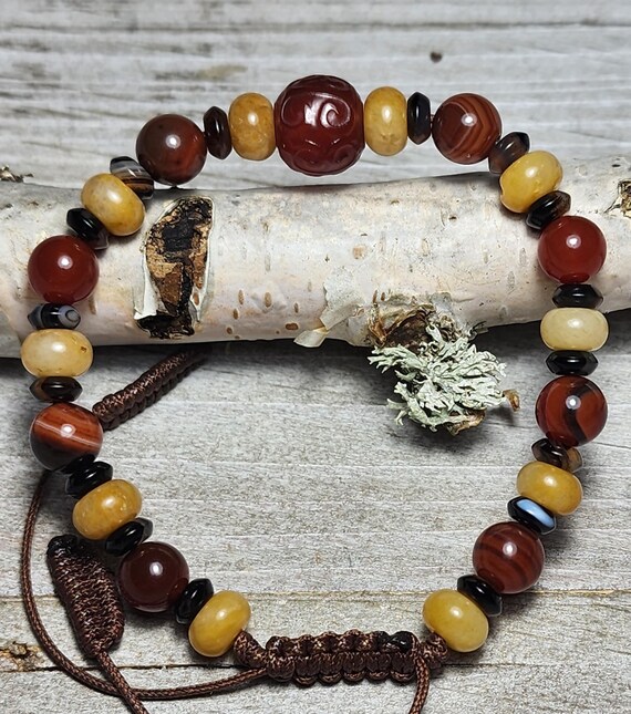 DZI Cinnabar Bead with Carnelian & Jade Beaded ~ Adjustable Bracelet