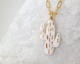 Cactus, porcelain necklace, 22k gold, white/gold