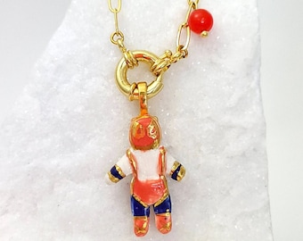 Luchador, porcelain chain, 22k gold, red/blue