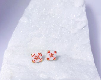 Miniaturfliese, Ohrstecker, 22k Gold, weiss/ rot