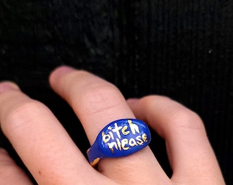 bitch please, porcelain ring, 22k gold, blue/gold
