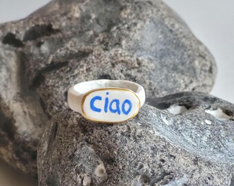 ciao,  Porzellanring, 22k gold, blau/weiß