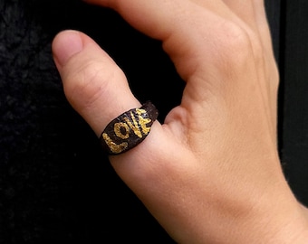 LOVE, ceramic ring, 22k gold, black brown