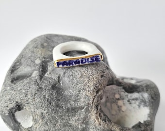 PARADISE, porcelain ring bar, 22k gold, white/blue