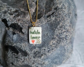 matcha lover, porcelain necklace, 22k gold, white/ red/ green