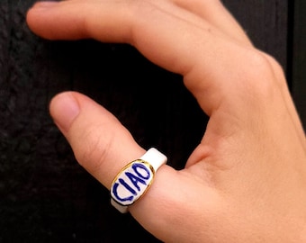 ciao, porcelain ring, 22k gold, white/blue