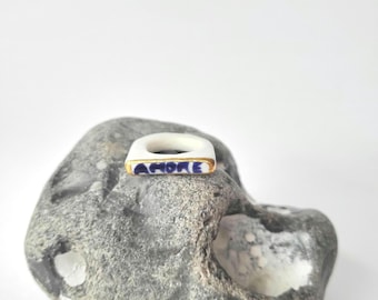 AMORE, porcelain ring, 22k gold, white/blue
