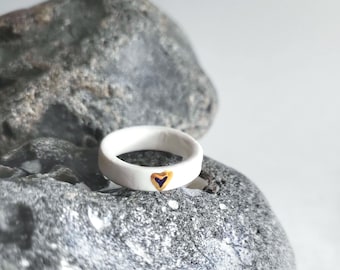 Blue heart with gold, porcelain ring, white/blue/gold