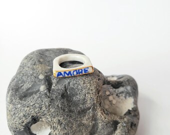 AMORE, porcelain ring bar, 22k gold, white/light blue
