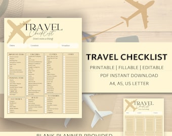 May include: A printable travel checklist in a beige and brown color scheme with a plane icon. The checklist includes sections for important items, toiletries, clothes, other, personal items, accessories, electronics, and health. The text "TRAVEL CHECKLIST" is in a large font at the top of the page. The text "PRINTABLE | FILLABLE | EDITABLE PDF INSTANT DOWNLOAD A4, A5, US LETTER" is below the title. The text "BLANK PLANNER PROVIDED" is at the bottom of the page.