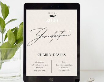 Personalised Graduation Invitations: Customisable Modern Design for All Grads,2023, easily downloaded, simple aesthetic design, canva