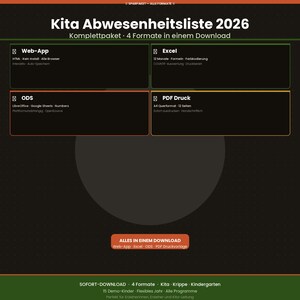 Könnte beinhalten: Grafik für den digitalen Download mit dem Titel "Kita Abwesenheitsliste 2026". Sie zeigt vier Formate: Web-App, Excel, ODS und PDF. Das Design ist für Kindergärten und Kindertagesstätten gedacht und bietet verschiedene digitale Optionen.