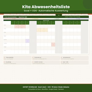 Puede incluir: Una plantilla de hoja de cálculo digital titulada "Kita Abwesenheitsliste" con el texto "Excel + ODS Automatische Auswertung". La plantilla incluye una cuadrícula de calendario para septiembre de 2026, celdas con código de color y varias etiquetas de función. El texto inferior dice "SOFORT-DOWNLOAD Excel (.xlsx) + ODS 15 Demo-Kinder inklusive."