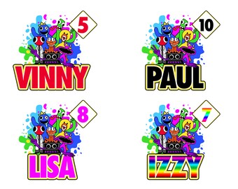 May include: Four colourful illustrations of cartoon characters with a number and a name. The first image is red, yellow, green, and blue with the number 5 and the name "VINNY". The second image is red, yellow, green, and blue with the number 10 and the name "PAUL". The third image is red, yellow, green, and blue with the number 8 and the name "LISA". The fourth image is red, yellow, green, and blue with the number 7 and the name "IZZY".