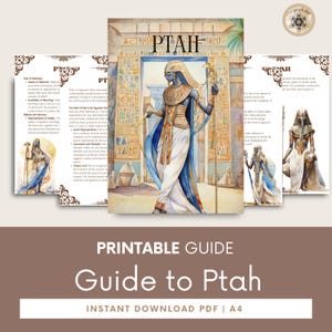 May include: Printable guide to the Egyptian god Ptah, featuring an illustration of Ptah in a blue and white robe, standing in a doorway with a staff in hand. The guide is available as an instant download PDF in A4 size.