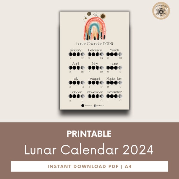 Moon Calendar 2024, Lunar Calendar 2024, 2024 Calendar Printable, Moon Phase Calendar, Instant Download