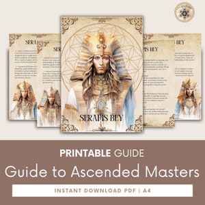 Puede incluir: Guía imprimible para maestros ascendidos con ilustraciones de Seraphis Bey, un maestro espiritual, con un tocado y una túnica dorados. La guía incluye información sobre los beneficios de practicar en el Templo de lo Divino, la transmisión de sabiduría y la superación de obstáculos. El texto incluye las palabras "Guía imprimible" y "Descarga instantánea PDF | A4".