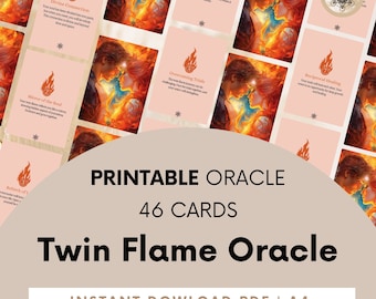 Op de afbeelding: Printbare Twin Flame Oracle-set met 46 kaarten. De kaarten tonen een stel in een vurige omhelzing met een roze achtergrond. De tekst op de kaarten omvat "Divine Connection", "Mirror of the Soul", "Fated Meetings", "Overcoming Trials", "Reciprocal Healing" en "Rebirth of 1".