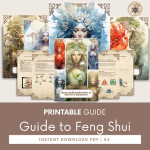 Puede incluir: Una guía imprimible de Feng Shui, con ilustraciones de mujeres etéreas con cabello suelto y coronas florales. La guía incluye el texto "General Introduction to the Five Elements" y está disponible como descarga instantánea en PDF en tamaño A4.