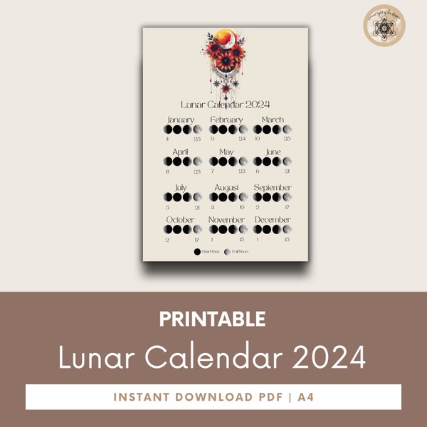 Moon Calendar 2024, Lunar Calendar 2024, 2024 Calendar Printable, Moon Phase Calendar, Instant Download