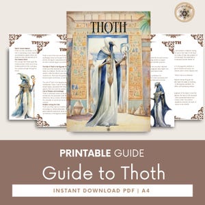Op de afbeelding: Een printbare gids over de Egyptische god Thoth, met een illustratie van Thoth in een witte robe met een vogelkop en een staf. De gids is getiteld "Guide to Thoth" en bevat de tekst "Printable Guide" en "Instant Download PDF | A4".