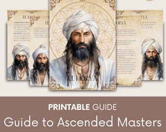 May include: Printable guide to Ascended Masters with illustrations of El Morya, a spiritual teacher, in a white turban and robe. The guide includes information about his teachings and attributes, such as courage, determination, faith, and hope. The text is in a vintage style font.