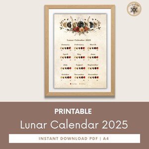 Moon Calendar 2025, Lunar Calendar 2025, 2025 Calendar Printable, Moon Phase Calendar, Instant Download