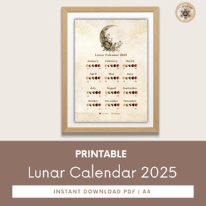 Moon Calendar 2025, Lunar Calendar 2025, 2025 Calendar Printable, Moon Phase Calendar, Instant Download