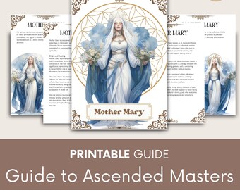 May include: Printable guide to ascended masters with a colorful illustration of Mother Mary, a spiritual figure in Christianity. The guide includes information about her origins, meaning, and significance. The guide is available as an instant download PDF in A4 size.
