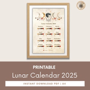 Moon Calendar 2025, Lunar Calendar 2025, 2025 Calendar Printable, Moon Phase Calendar, Instant Download