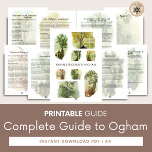 May include: Printable guide to Ogham, an ancient Celtic alphabet, with illustrations of trees and text explaining the history, structure, and use of Ogham.  The guide is available as an instant download PDF in A4 size.