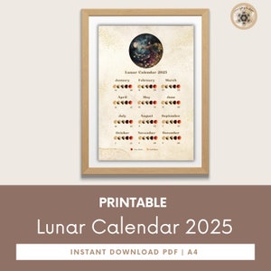 Moon Calendar 2025, Lunar Calendar 2025, 2025 Calendar Printable, Moon Phase Calendar, Instant Download