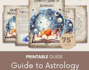 Puede incluir: Una guía de astrología imprimible con una ilustración de acuarela de un libro con planetas y estrellas. La guía tiene más de 75 páginas y está disponible para descarga instantánea como PDF en tamaño A4.