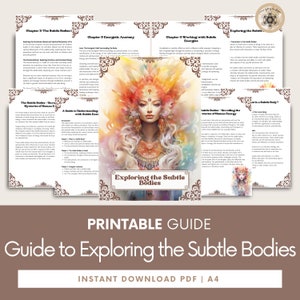 May include: A printable guide titled "Guide to Exploring the Subtle Bodies" with a watercolor illustration of a woman with colorful hair. The guide includes text about energetic anatomy and subtle energies. The format is an instant download PDF, A4 size.