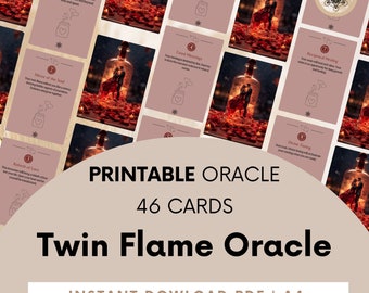 Op de afbeelding: Printbare Twin Flame Oracle-kaarten met 46 kaarten. De kaarten tonen een romantisch stel in een glazen fles met een rood-witte achtergrond. De tekst op de kaarten omvat "Divine Connection", "Fated Meetings", "Mirror of the Soul", "Rebirth of Love", "Divine Timing", "Soul Communication" en "Reciprocal Healing".